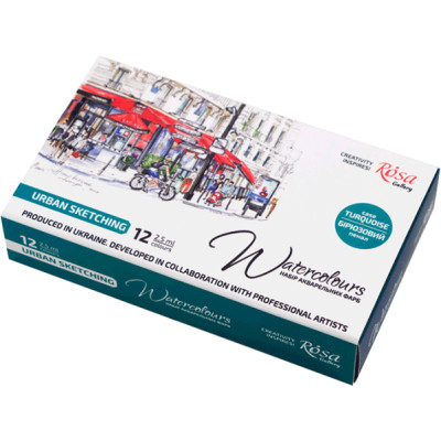 Акварельні фарби Rosa Gallery Urban Sketching в металевому пеналі Бірюза 12 кольорів кювета (4823098525691)