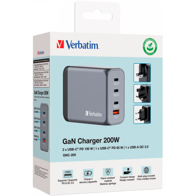 Зарядний пристрій Verbatim GaN 200 W 4 ports (2xUSB-C-100 W,USB-C-65 W /USB-A -3.0) (32204)