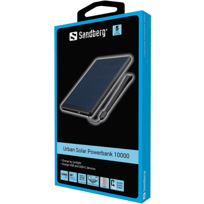 Батарея універсальна Sandberg 10000mAh, Urban, Solar Panel 5V/450mA, PD/18W, Q.C/3.0, USB-C, Micro-USB, USB-A (420-54)