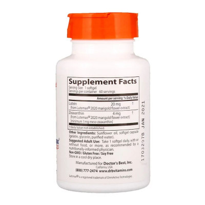Амінокислота Doctor&#039;s Best Лютеїн, Lutein with Lutemax 20 мг, 60 желатинових капсул (DRB00369)