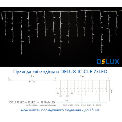 Гірлянда Delux Icicle 75LED 2x0.7m 18 flash білий/білий IP44 EN (90012951)
