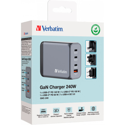 Зарядний пристрій Verbatim GaN 240 W 4 ports (USB-C-140 W,USB-C-100 W,USB-C-65 W /USB-A -3.0) (32205)