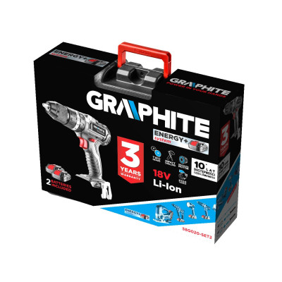Шуруповерт Graphite Energy+ 18V безщітковий 2х2Ah, 58Нм, 0-500·0-1700об/хв, кейс (58G020-SET2)