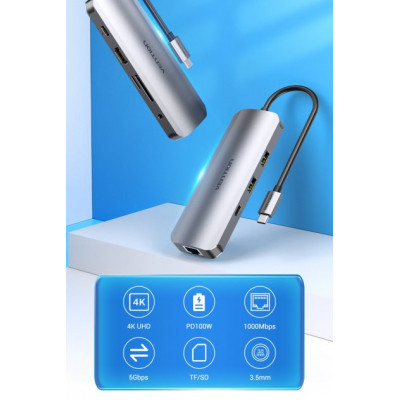 Концентратор Vention USB3.1 Type-C --&gt; HDMI/USB 3.0x2/RJ45/USB-C/SD/TF/TRRS 3.5mm (TOMHB)