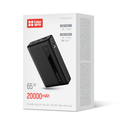 Батарея універсальна ColorWay 20 000 mAh PD/65W, QC/3.0, black (CW-PB200LPA3BK-PDD)