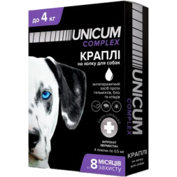 Краплі для тварин Unicum COMPLEX від бліх, кліщів та гельмінтів на холку для собак до 4 кг/4 шт (4820150202507)