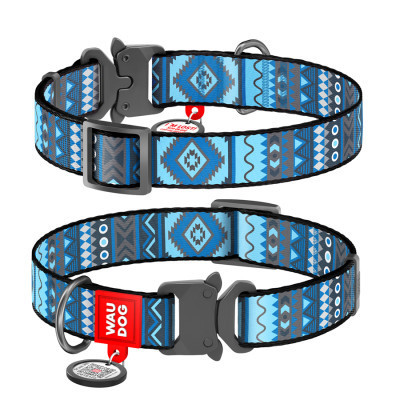 Ошейник для животных WAUDOG Nylon с QR паспортом &quot;Этно синий&quot;металлическая пряжка-фастекс XL (5190)