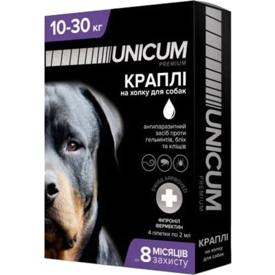 Краплі для тварин Unicum COMPLEX від бліх, кліщів та гельмінтів на холку для собак 10-30 кг/4 шт (4820150202521)