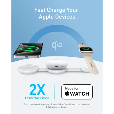 Зарядний пристрій Anker MagGo Wireless Charging Pad 15W 3-in-1 Foldable White (B25M8H21)