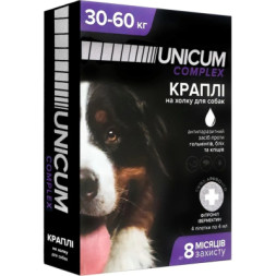Краплі для тварин Unicum COMPLEX від бліх, кліщів та гельмінтів на холку для собак 30-60 кг/4 шт (4820150207342)