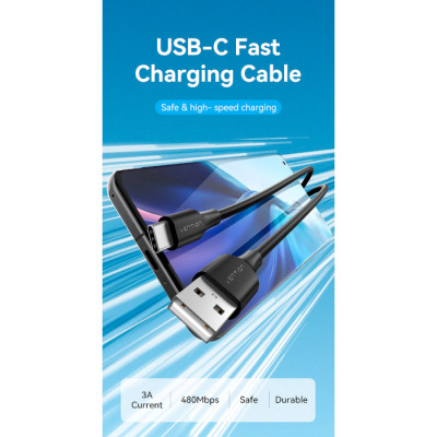 Дата кабель USB 2.0 AM to Type-C 1.5m 3.0A (18W) PVC black Vention (CTHBG)