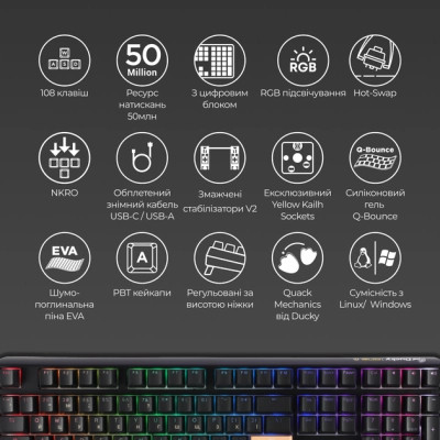 Клавіатура Ducky One 3 Cherry MX Blue RGB UA USB Black (DKON2108ST-CUAPXCLAWSC1)