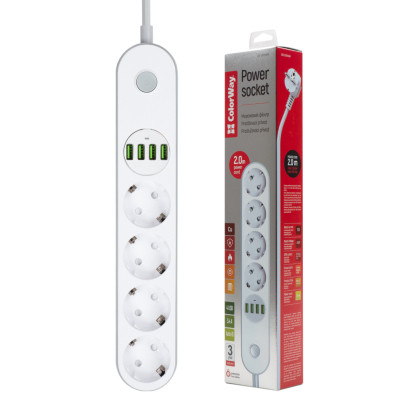 Мережевий фільтр живлення ColorWay CW-CHE44W, 4 розетки/4USB White 2M (CW-CHE44W)