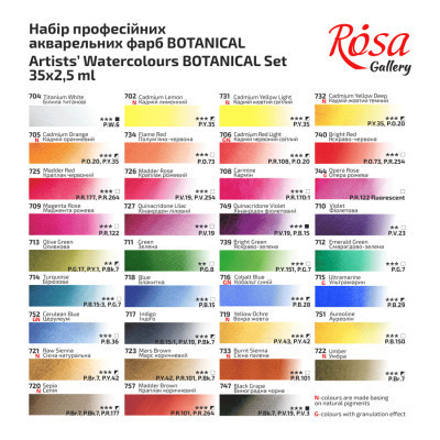 Акварельні фарби Rosa Gallery Bontanical, 35 кольорів 2,5мл, кювета, Індіго (4823098540724)