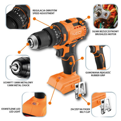 Шуруповерт Neo Tools Energy+ 18V, безщітковий, 95Нм, 0-320/0-1700об/хв 1.2кг (без АКБ та ЗП) (04-619)
