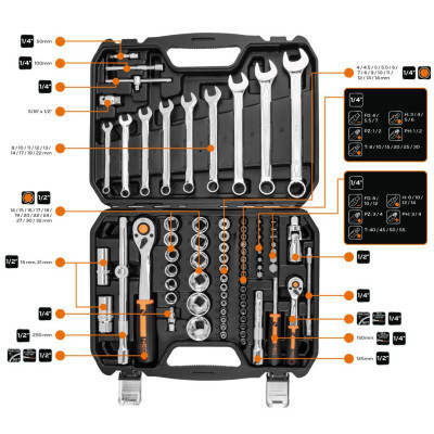 Набор инструментов Neo Tools 82шт, 1/2&quot;, 1/4&quot;, CrV, кейс (10-059)