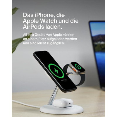Зарядний пристрій Belkin 3in1 Magnetic Adjustable Pad Qi2 15W White (WIZ023VFWH)